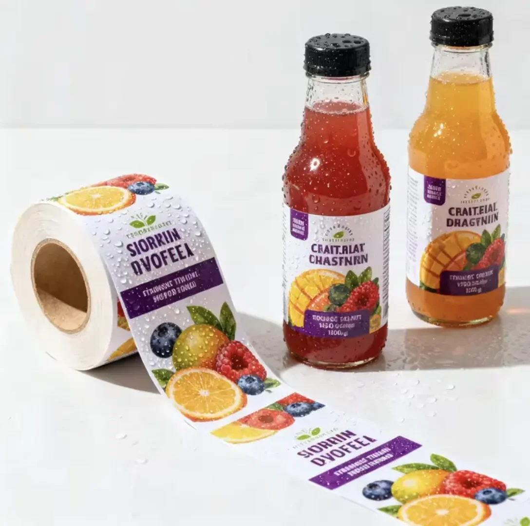 Kundenspezifische wasserdichte selbstklebende Aufkleber, bedruckt auf Vinyl, geeignet für individuelle Saftverpackungsetiketten und Getränkeflaschenetiketten.