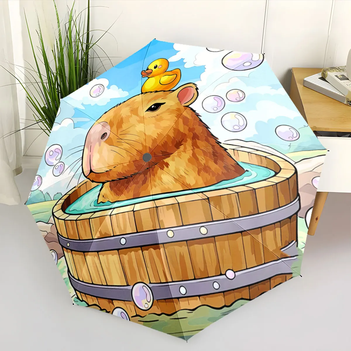 Cute Capybara Soaking in Wooden Tub with Rubber Duck portable waterproof sun rain umbrella for outdoor travel beach
