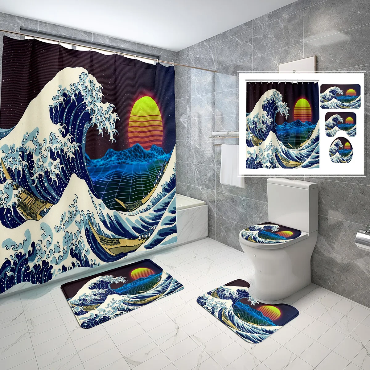 Kanagawa Surfing Shower Curtain Set Blue Anime Ocean 4 Pcs Shower Curtain Bathroom Non-Slip Bath Mat Toilet Cover Curtain Set