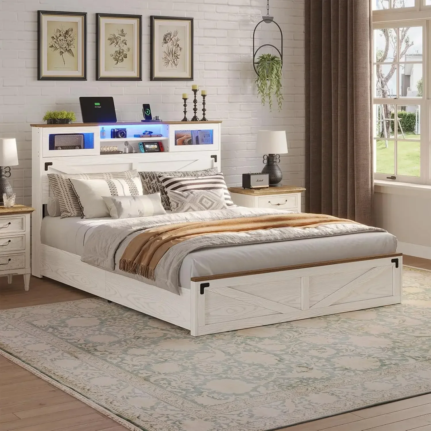 Hasuit Farmhouse Bed Frame Queen Size with Bookcase Headboard and 2 Drawers, Wooden Platform Queen Bed with LED Lights