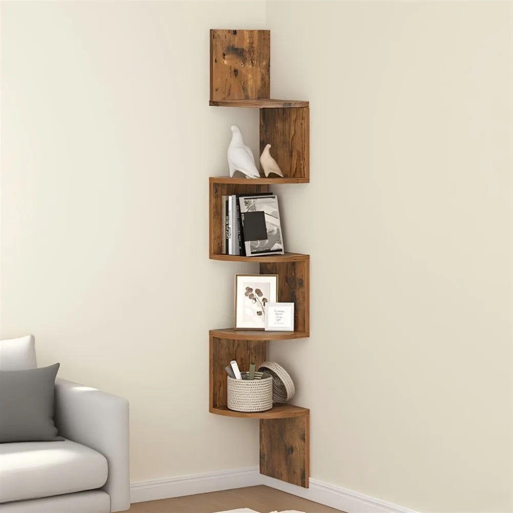5-Tier Rustic Floating Corner Shelves, Wall-Mounted Space-Saving Storage Organizer, Radial Display Rack for Bedroom, Living Room