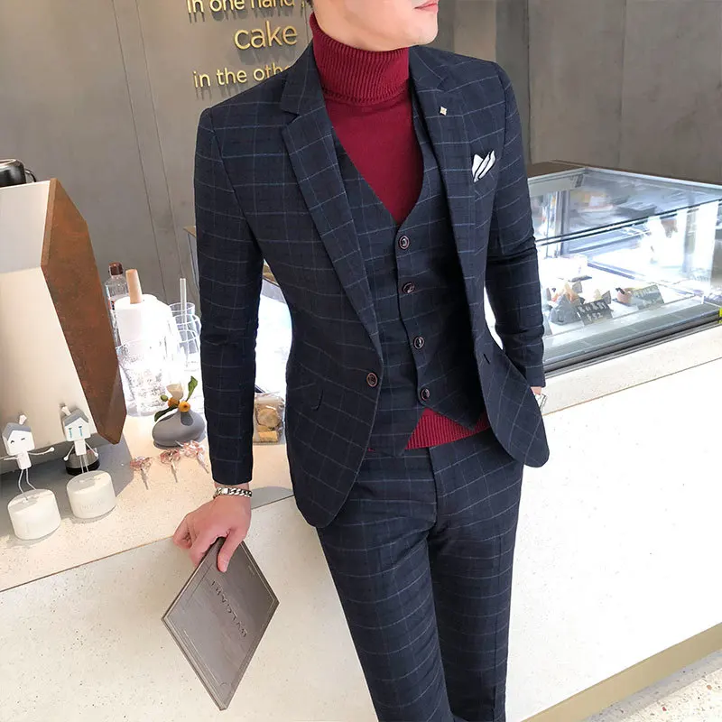 Luxury Men Slim Fit Check Suit Men Business Office Formal Suits 3 Pcs Set Blazers Pant Casual Wedding Social Tuxedo Dress Homme