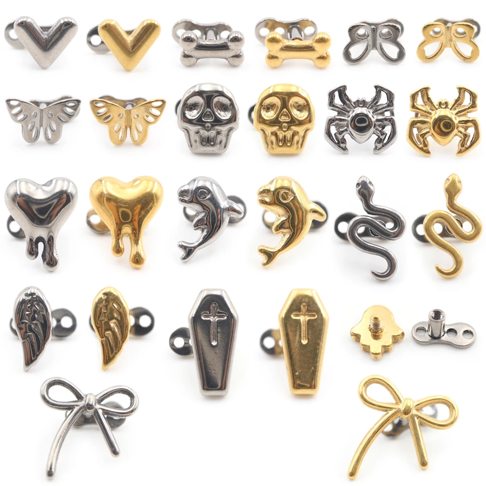 1PC Titanium Butterfly Skull Spider Wing Dolphin Heart Snake Bone Bow Cross Micro Dermal Anchor Base Piercing Body Jewelry