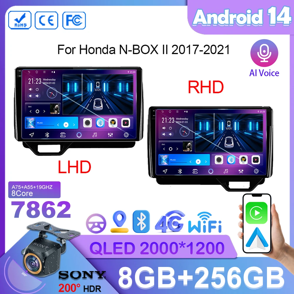 

Car Android 14 For Honda N-BOX II 2017-2021 LHD RHD Auto Radio 5G wifi Stereo Multimedia Player GPS Navigation QLED Screen 2din