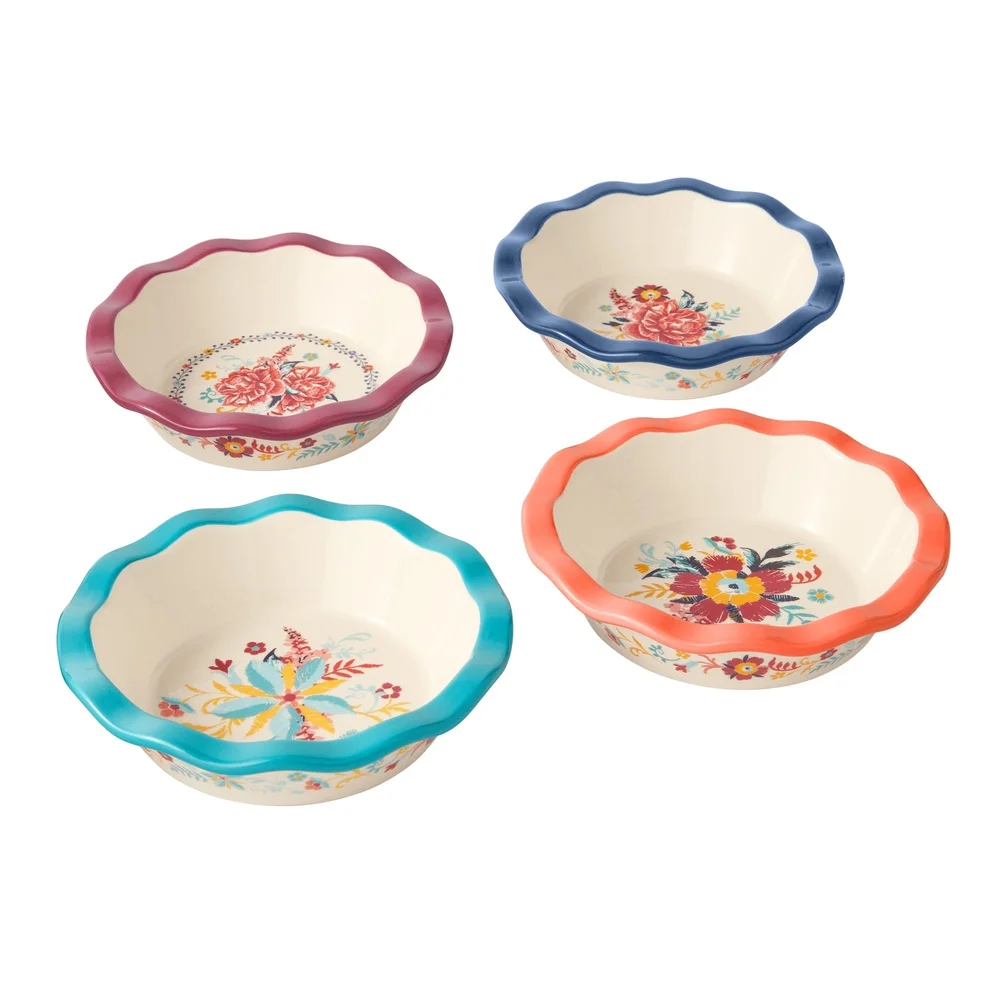 Set of 4 Durable Stoneware Mini Pie Pans with Floral Design & Ruffled Edges 2