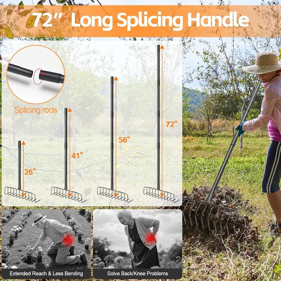 Ancinho de jardim resistente com 11 alvos de metal para uma coleção eficiente de agulhas e folhas de pinho com escova de grama morta de feno em grande Ya