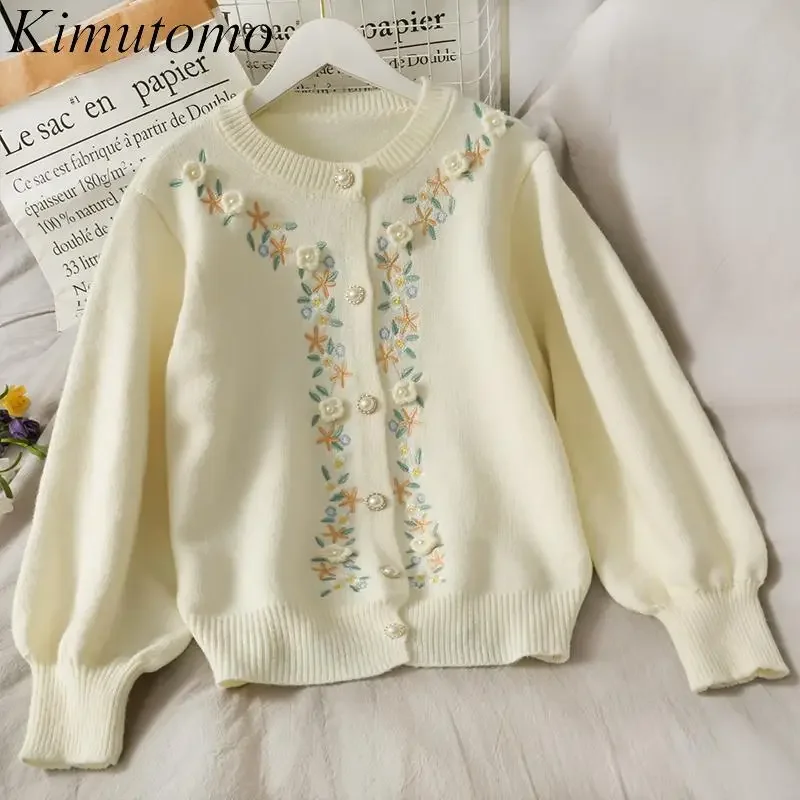 Kimutomo Kleine Frische Stickerei Pullover Frauen Dicke Lose Süße Floral Strickjacke Koreanische Adrette Kawaii Strickjacken