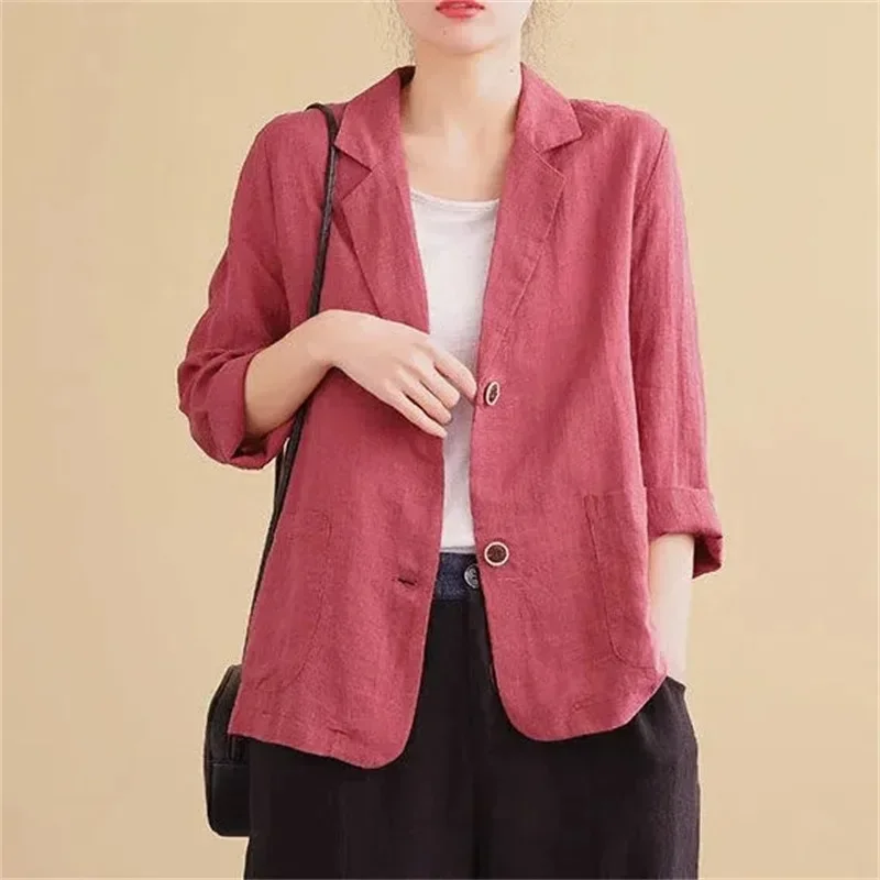 Women Fashion Solid Cotton and Linen Suits Jacket Spring and Autumn 2024 Summer New Thin Three-Quarter Sleeve Sunscreen Blazer
