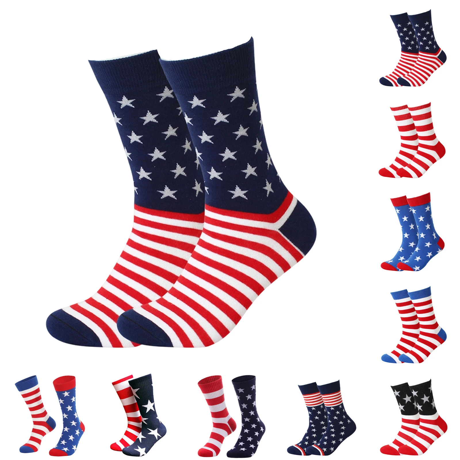 

New Men's Independence Day Flag Socks Fashion Male Color Blocked Striped Middle Socks Men Causal Mid-Calf Socks ﻿