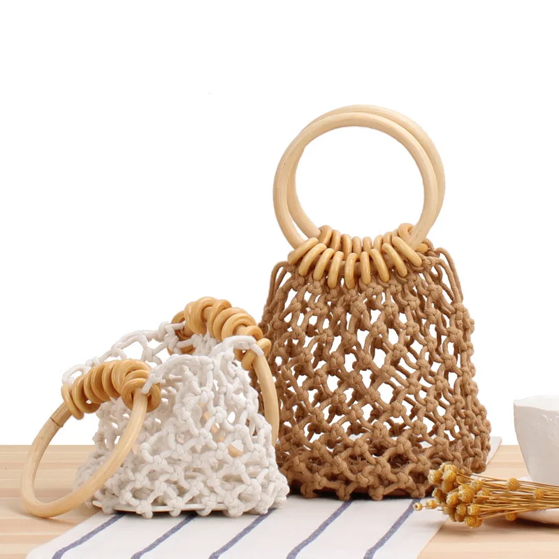 

New solid color net bag hand-woven Bao Sen hand-tied cotton hand-carried seaside holiday beach bag.