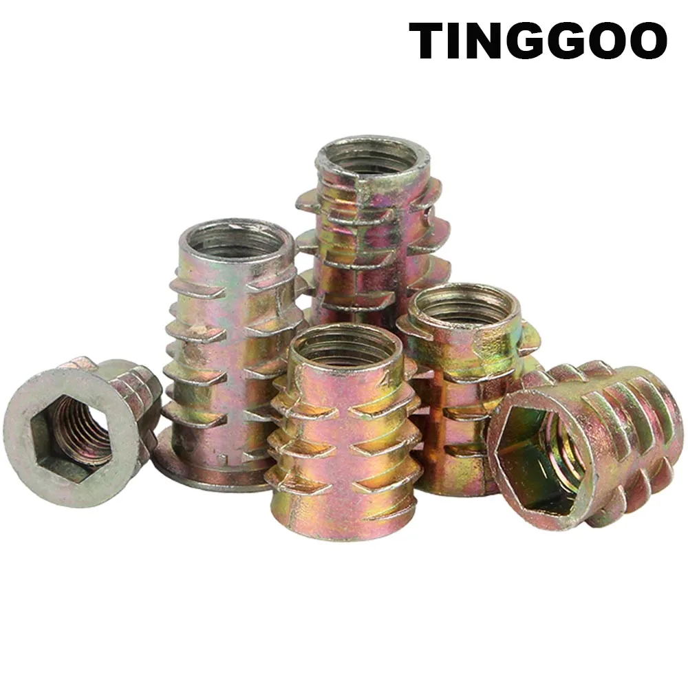 

TINGGOO 10pcs M4 M5 M6 M8 Hexagon Hex Socket Head Inside and Outside Thread Zinc-alloy Wood Furniture Embedded Insert Nut E-Nut