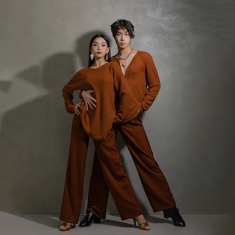 ラテンダンストップス男性長袖ルーズ練習着 V ネック黒/白/茶色/グレー Tシャツルンバチャチャダンス服 BL9019