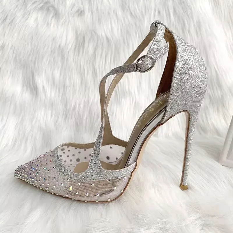 Summer pointed shallow mesh rhinestone sequins thin belt single shoes thin high-heeled dress large size small size women sandals