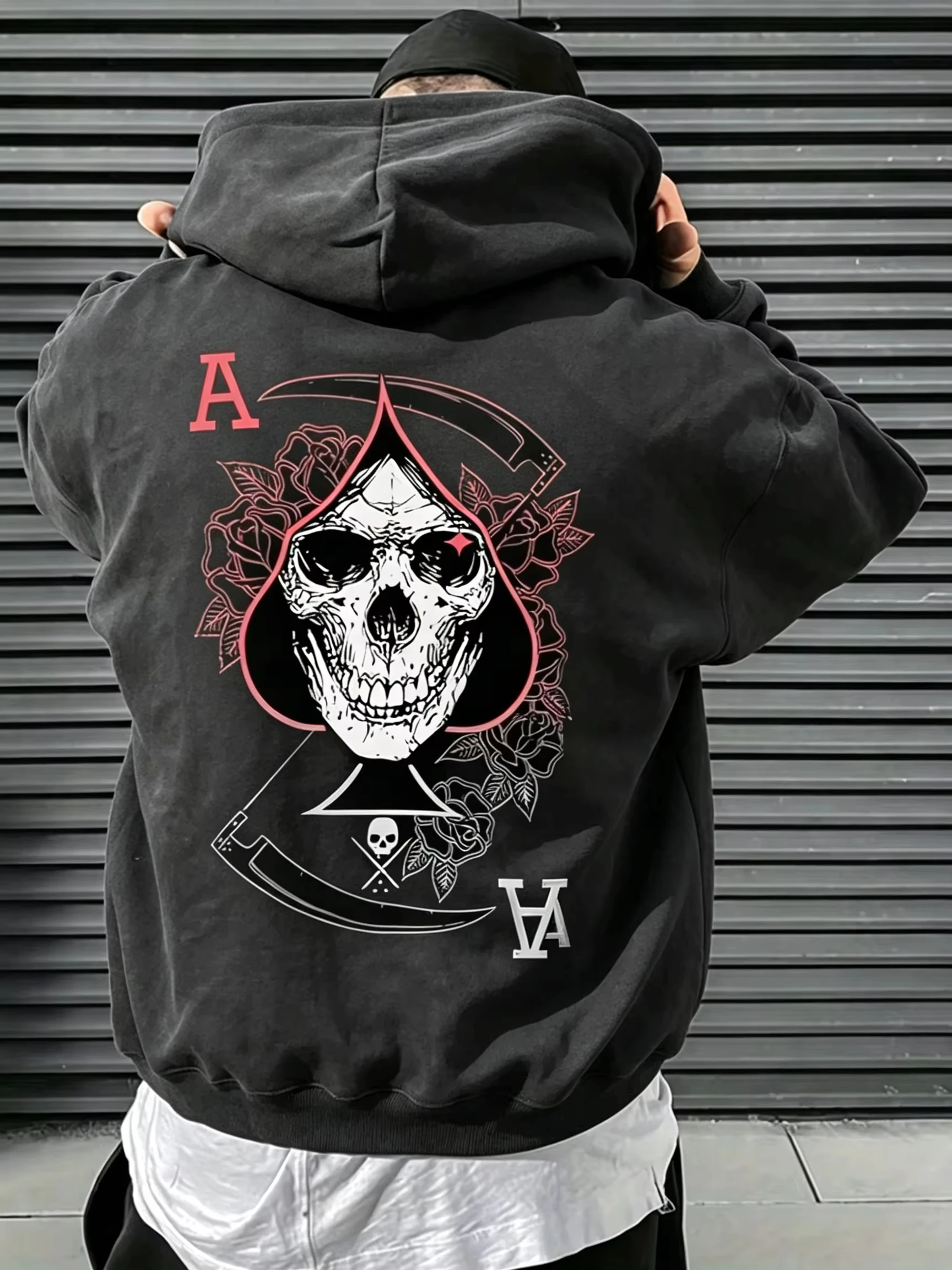 2026 Hot selling autumn men's skull A-line printed micro elastic comfortable hooded sweatshirt outdoor urban trendy streetwear