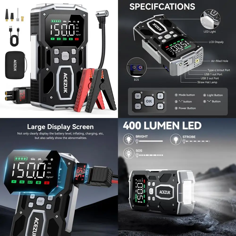 

Портативный автомобильный стартер с воздушным компрессором, 150PSI 8000A Jump Starter (все газ/10,0л дизель), аккумулятор 12 В, автомобильное тесто