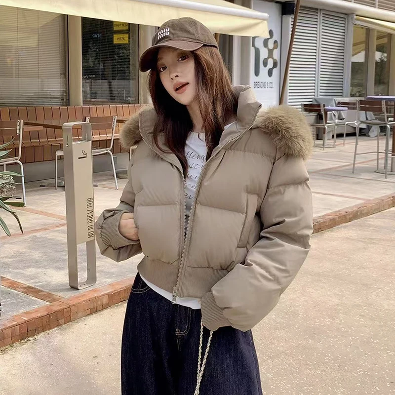 American Fur Collar Parkas Coats Women Y2K Winter Thick Warm Loose Crop Down Jacket Retro Streetwear Zipper Bread Outerwear New