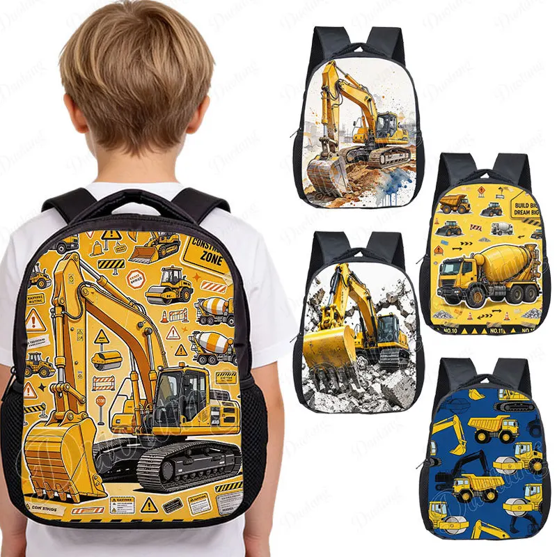 12 Inches Cartoon Excavator Pattern Backpack Engineering Vehicle School Bag Boys Girls Toddler Kindergarten Backpacks Bookbag