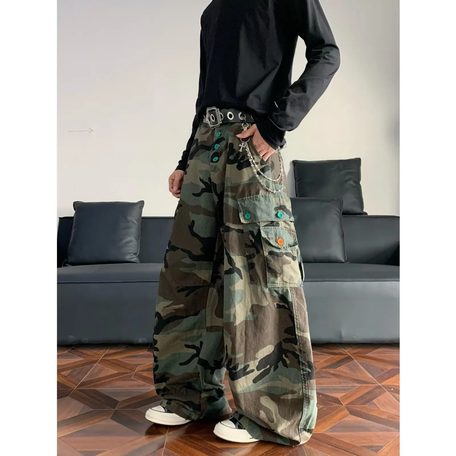 

Trendy Retro Camouflage Cargo For Men Women 2025 Spring And Autumn Loose Fit Casual Multi-Pocket Wide-Leg Scimitar Pants