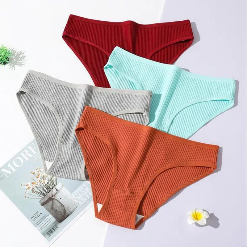 4 PCS Women's Underwear - Comfortable, Breathable, Solid Color, Ribbed Women's Thong Panties, Cotton Fabric, Underwear Set