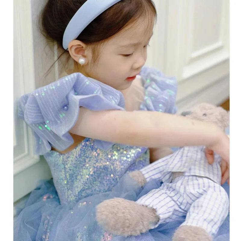 Elegant Wedding Party Dress for Toddler Girl Kids Princess Blue Pink Sequin Long Evening Luxury Gowns Child Pageant Prom Dresses