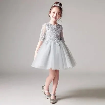 Sequin Girl Pageant Evening Gowns Half Sleeve Gray Tulle Flower Girl Dresses For Wedding Kids First Communion Dresses