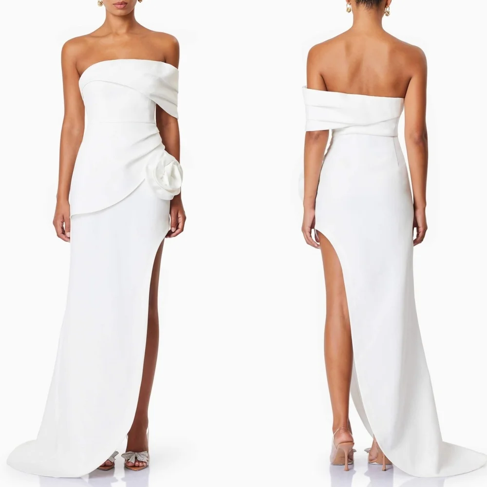 

Customized Modern Style Fashion Jersey Ruched HandmadeFlower Asymmetrical Off-the-shoulder Midi Dresses Bespoke Occasion Dresses