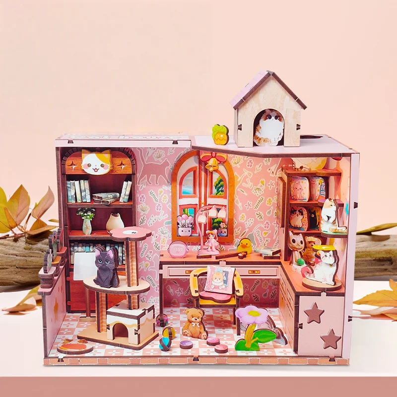 OUZEY Kitten Cottage miniatura DIY, rompecabezas de madera 3D y rincón de libros, lindo regalo de decoración de habitación para niñas adolescentes