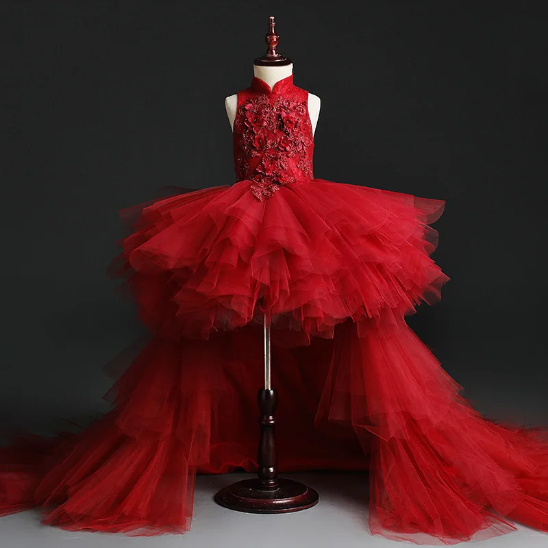 Red Flower Girl Dress Princess Pageant Gown Children Wedding Clothing Fashion Evening Party Birthday Performance Formal Outfit