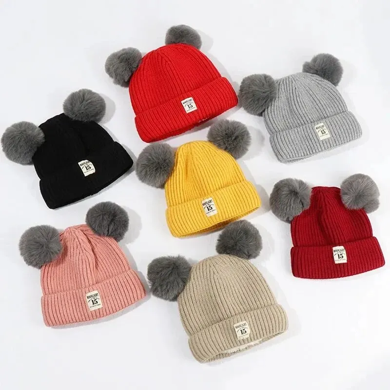 Winter Children Warm Baby Knitted Hats with Pom Pom Kids Knit Beanie Hats Solid Color Children\'s Hat for Boys Girls Accessories