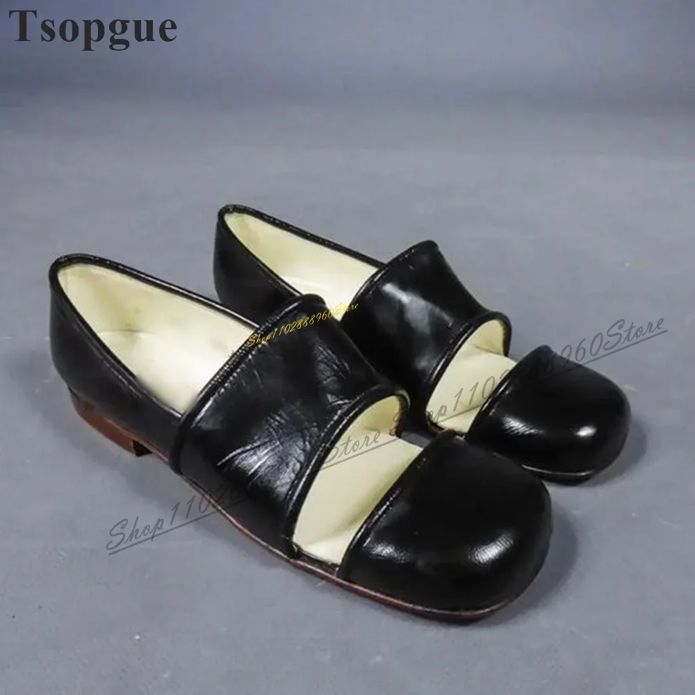 

Stylish Black Wide Leather Stripe Sandals Flat With Shoes For Women Slip On Round Toe 2024 Fashionable Zapatos Para Mujere