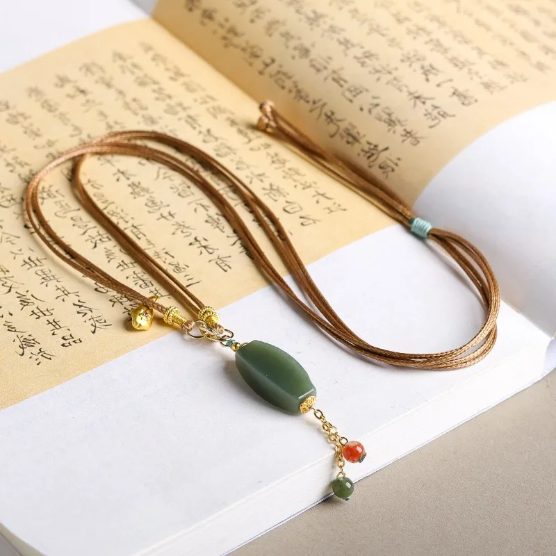 Handwoven Natural Hetian Jade Long Tube Necklace Nanhong Agate Leather Layered Sweater Chain Gifts