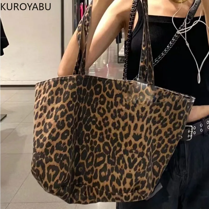 Chic Leopard Pattern Tote Bag Vintage Canvas Y2k Shoulder Bag Women Large Capacity Handbag for School Work Shopping Bolsa Mujer