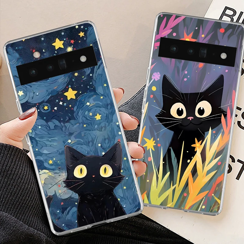 Retro Van Gogh Cat Oil Painting Clear Phone Case For Google Pixel 8 7A 7Pro 8 Pro 6A 6 6Pro 5G Starry Night Soft TPU Cover Shell