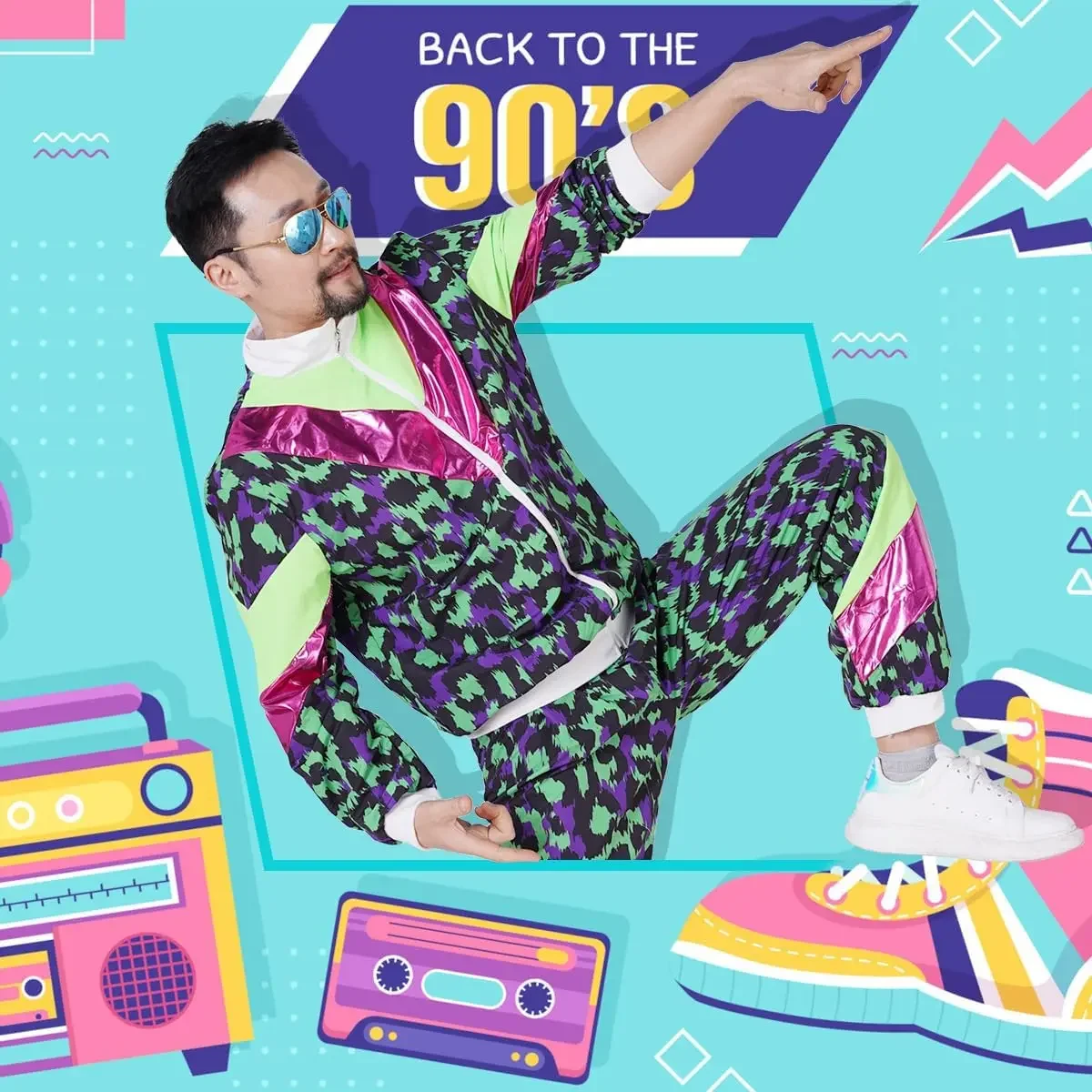 1990s ديسكو رياضية الركض ارتداء ريترو ستايل كرنفال موضوع حفلة البدلة لايف تأثيري سترة وسراويل تأثيري ازياء