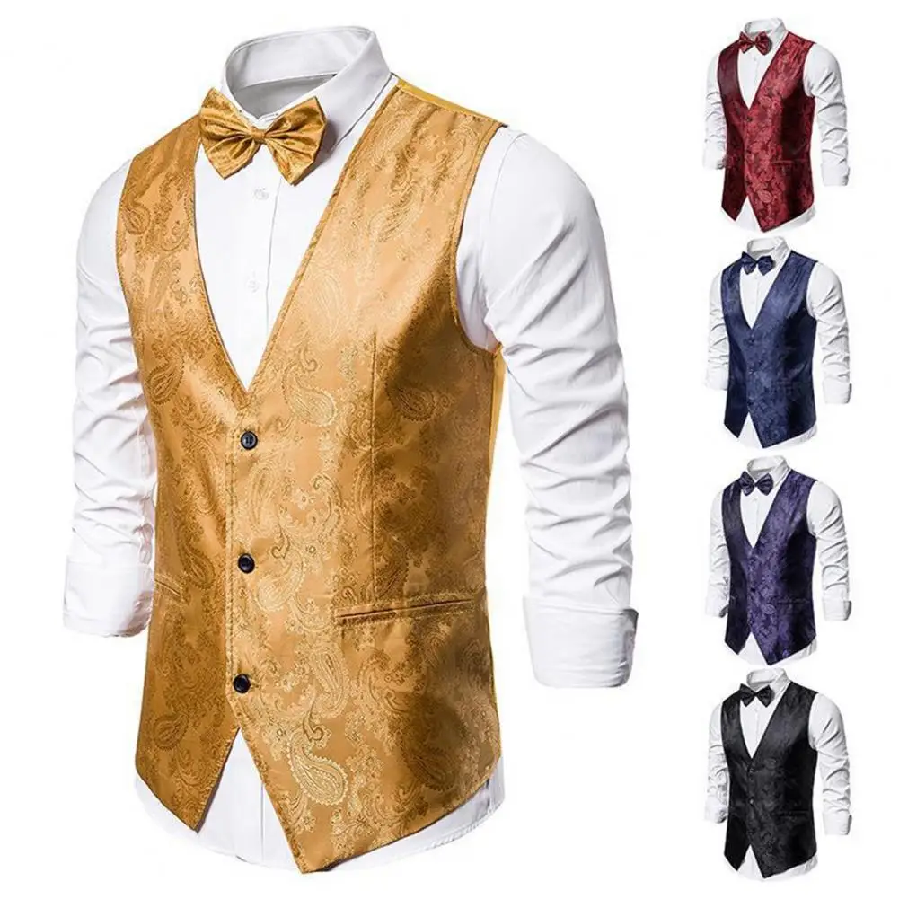 Slim Fit Formal Business Dress Vest Printed Single-breasted V-neck Suit Vest with Bow Tie Slim Fit Double Breasted Dress for Men