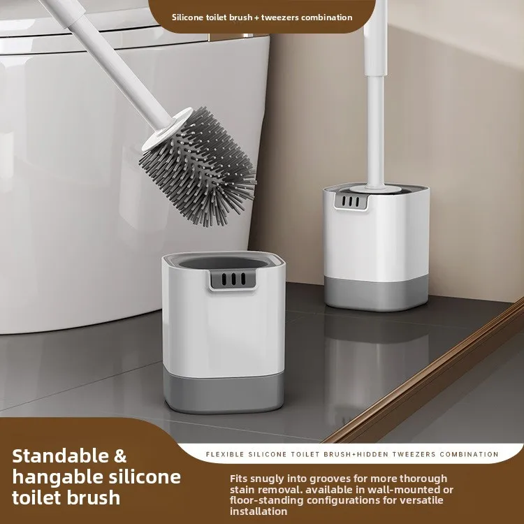 Silicone toilet brush set for home use, with dead-angle-free cleaning, wall-mounted for bathroom and toilet cleaning