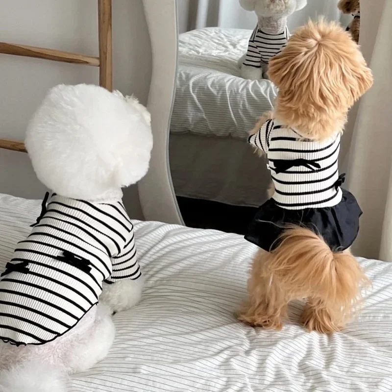 

Striped Dog Vest Pet Dog Dress Summer Clothes for Small Chihuahua Bichon French Bulldog Bow Dog T Shirt Puppy Skirt