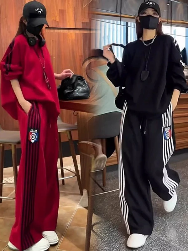 

Комплект спортивной одежды больших размеров: женские повседневные брюки с широкими штанинами и свитшот, комплект из двух предметов для весеннего повседневного образа, удобный, из полиэстера.