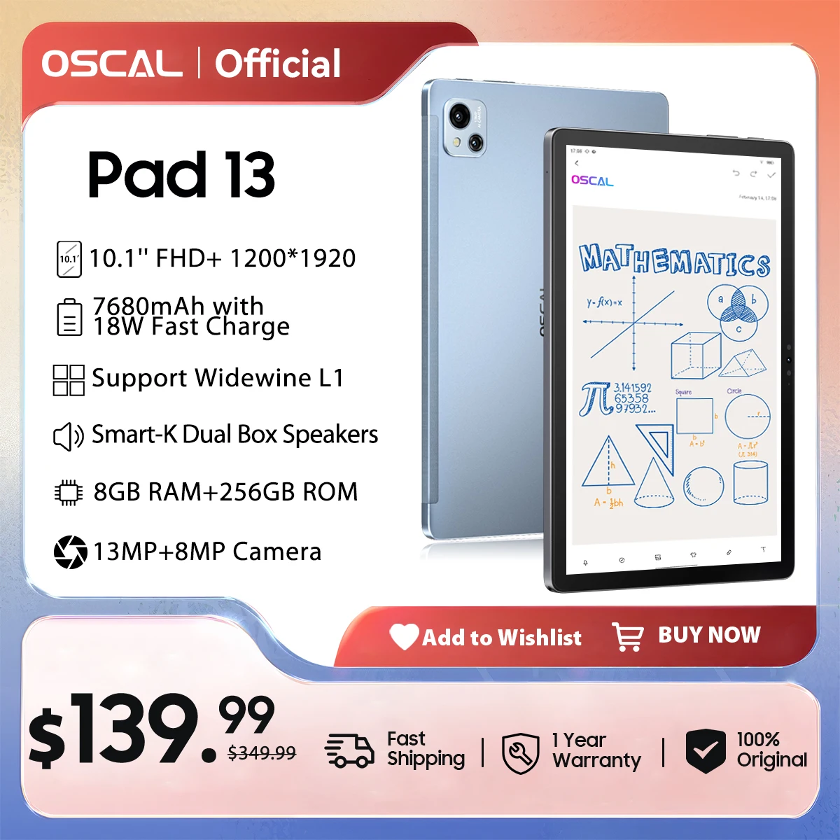 Oscal Pad 13 Tablet PC 10.1'' FHD+ Vast Display Unisoc T606 Android 12 14GB+256GB 7680mAh 13MP Camer Tablets PC with Stylus Pen