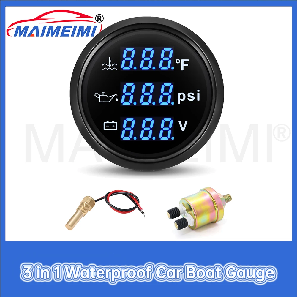 

52 мм цифровой 3 в 1 водонепроницаемый автомобильный манометр для лодки давление масла + вольтметр температура воды синяя подсветка светодиодный цифровой автомобильный манометр
