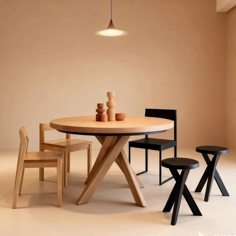 

French medieval replica natural solid wood round dining table, North American red oak, retro furniture