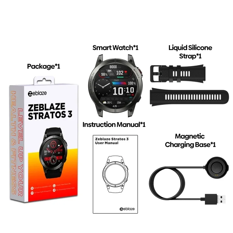 Zeblaze Stratos 3 Smart Watch 1.43 inch IP68 Waterproof Android Sports Smart Wear with Magnetic Charging Base