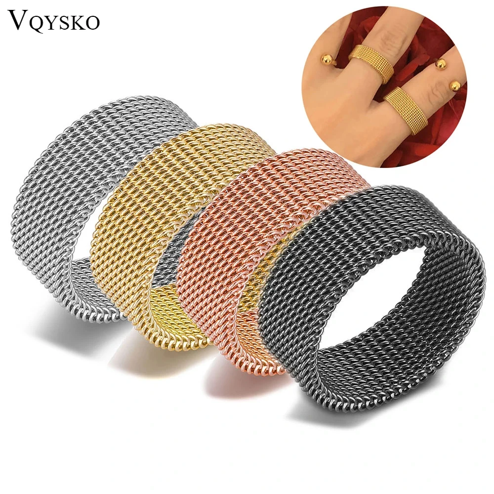 VQYSKO Fashion Unisex Mesh Stainless Steel Ring Circle Woven Mesh Women Men Wedding Rings Friends Gift