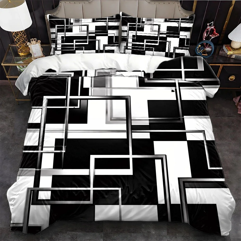 3Pc Modern Geometric Black and White Square Duvet Cover Set, Three-Piece Bedding Set (1*Duvet Cover + 2*Pillowcases), Suitable for All Seasons, Machine Washable, Hidden Zipper Design, Large Double Bed Cover Set, Suitable for Home, Dormitory, Master Bedroom, Guest Room, Minimalist Artistic Style Bedding Set, Modern Black and White Checkered Duvet Cover Three-Piece Set, Easy Care Skin-Friendly Bedding Set, Fashionable Black and White Plaid Duvet Cover Three-Piece Set, Easy Care Skin-Friendly Bedding Set, 2D Flat Print