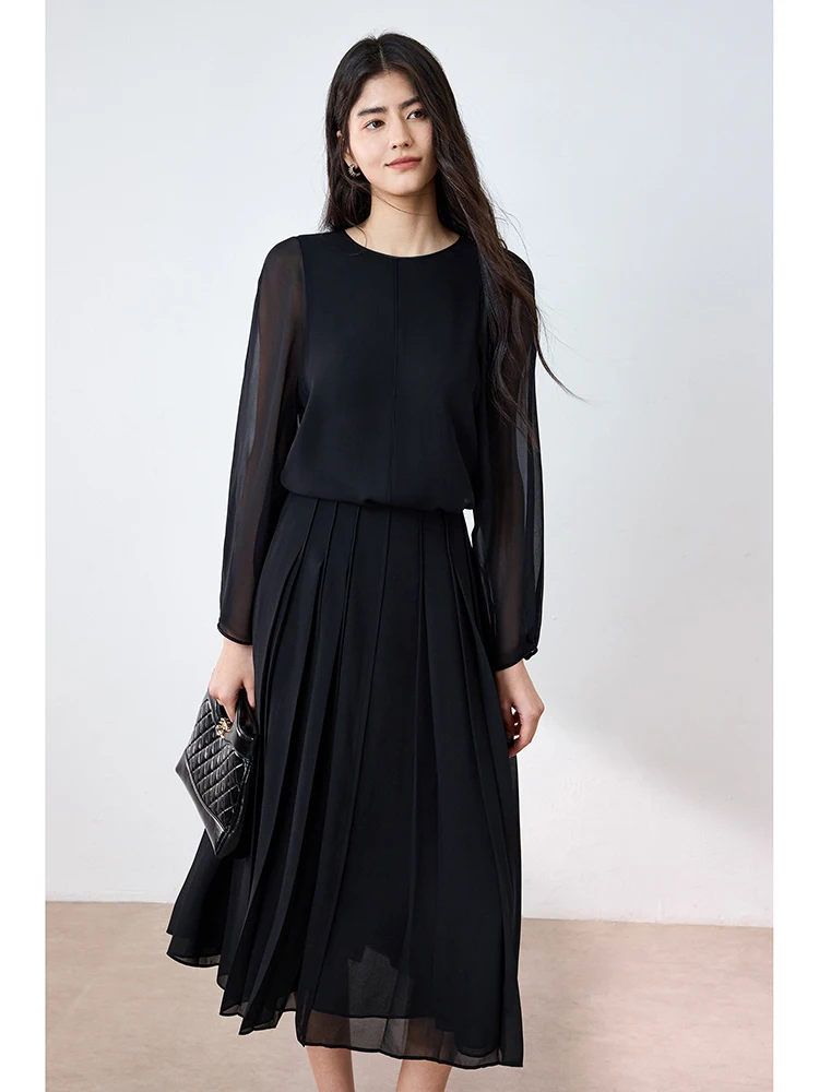 

Комплект из шелкового жоржета: рубашка и юбка-полусолнце, с круглым вырезом, длинными рукавами, весенний модный женский ансамбль, плотный, из искусственного шелка, состоящий из двух предметов