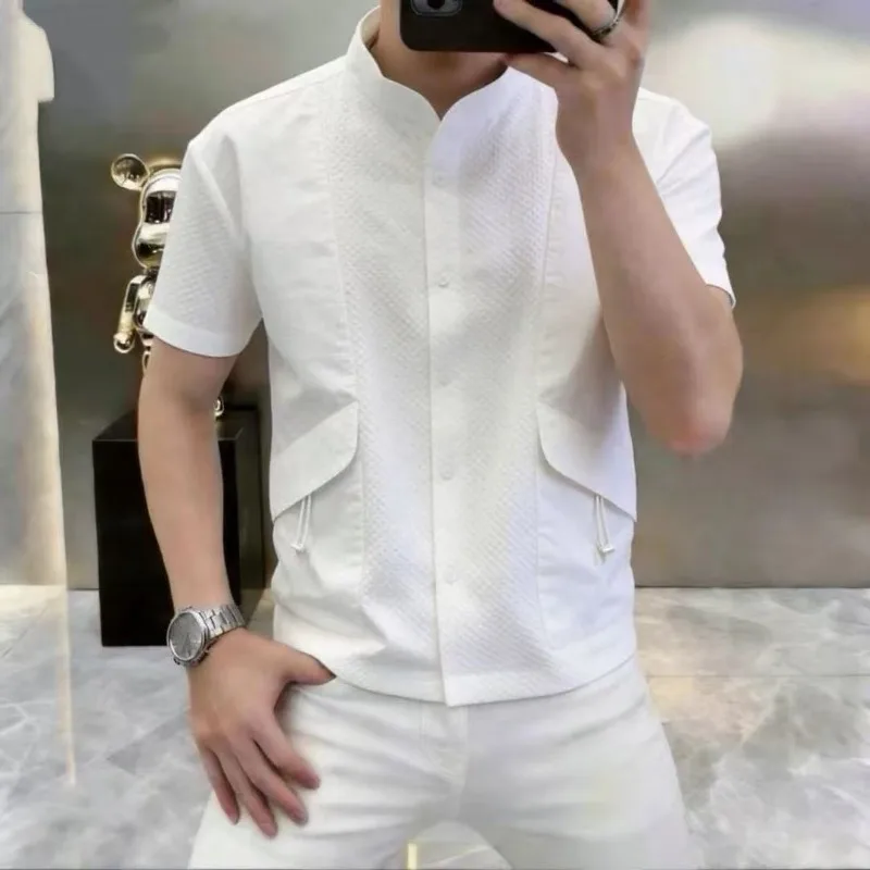 Summer Men's Stand Up Collar Spliced Short Sleeved Shirts Fashion Casual Business Shirt Streetwear Tops Men Clothing 2026
