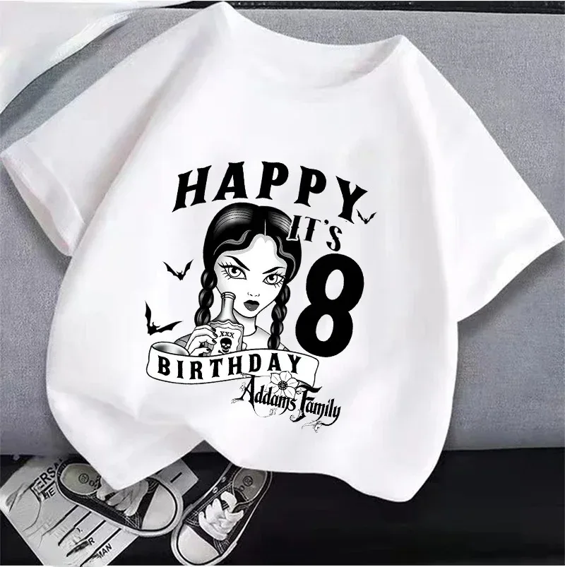 2024 Nuovo Mercoledì Adams Abbigliamento per bambini Anime Summer Girl Compleanno Numero T-shirt Cartoon Abbigliamento Top per bambini Regalo