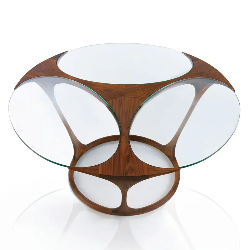 Retro round dining table, new Chinese solid wood creative tempered glass
