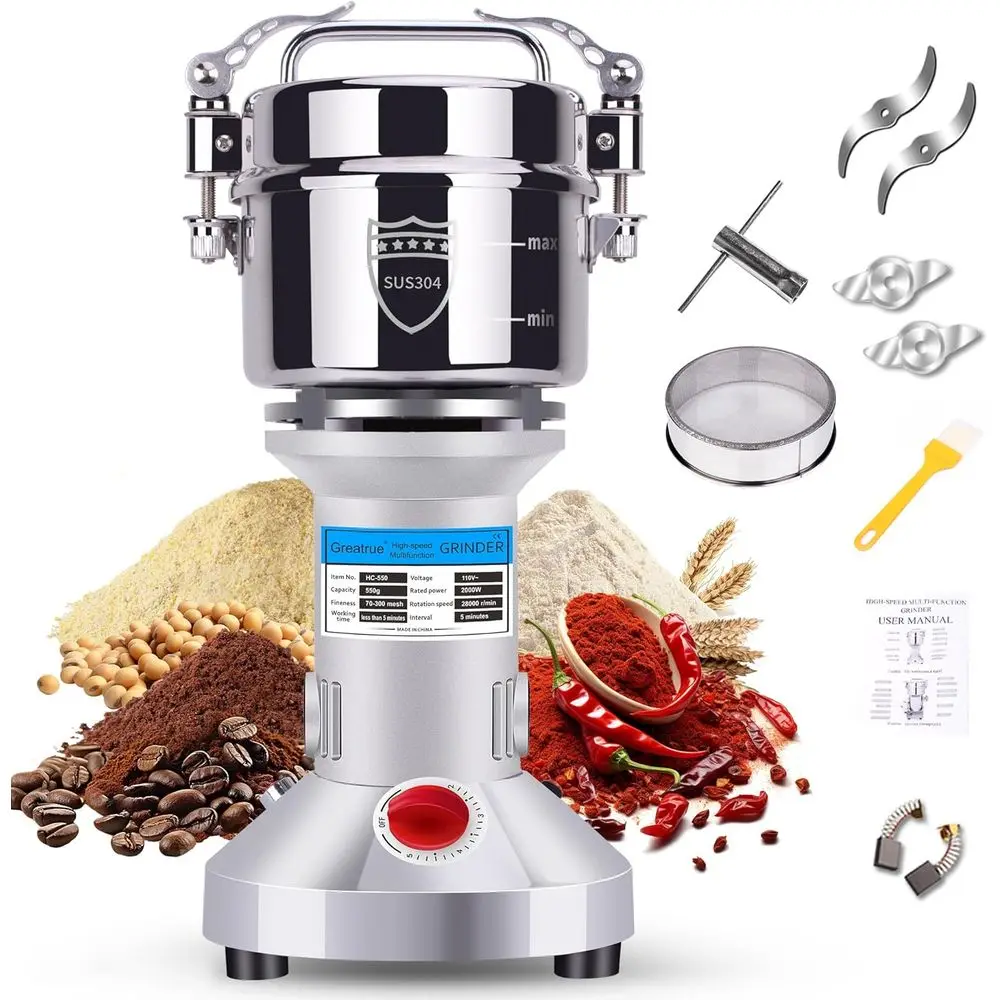 

Electric Grain Mill Grinder 304 Stainless Steel 2000W High Speed Spice Grinder for Wheat, Oats, Corn, Pepper, Coffee Beans