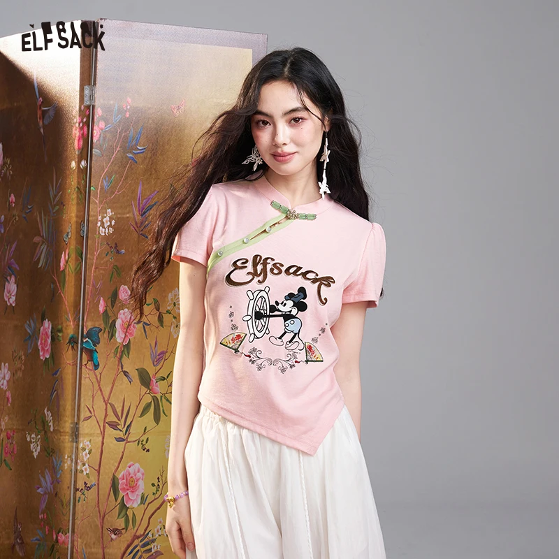 ELFSACK Women's New Chinese Frog Button T-Shirt, Cartoon Print Puff Sleeve Ribbed Knit Top, Irregular Hem Casual Tee